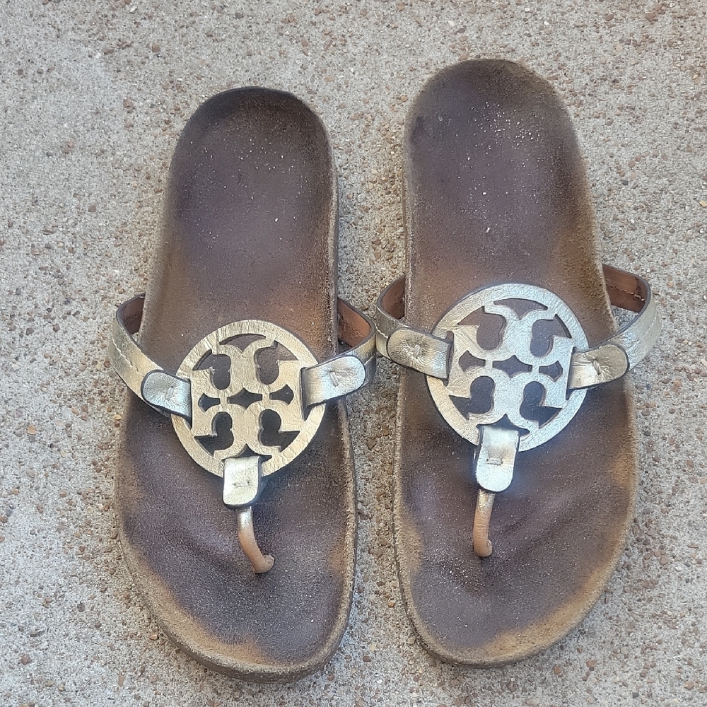 Gold and Brown Sandals with Logo Design